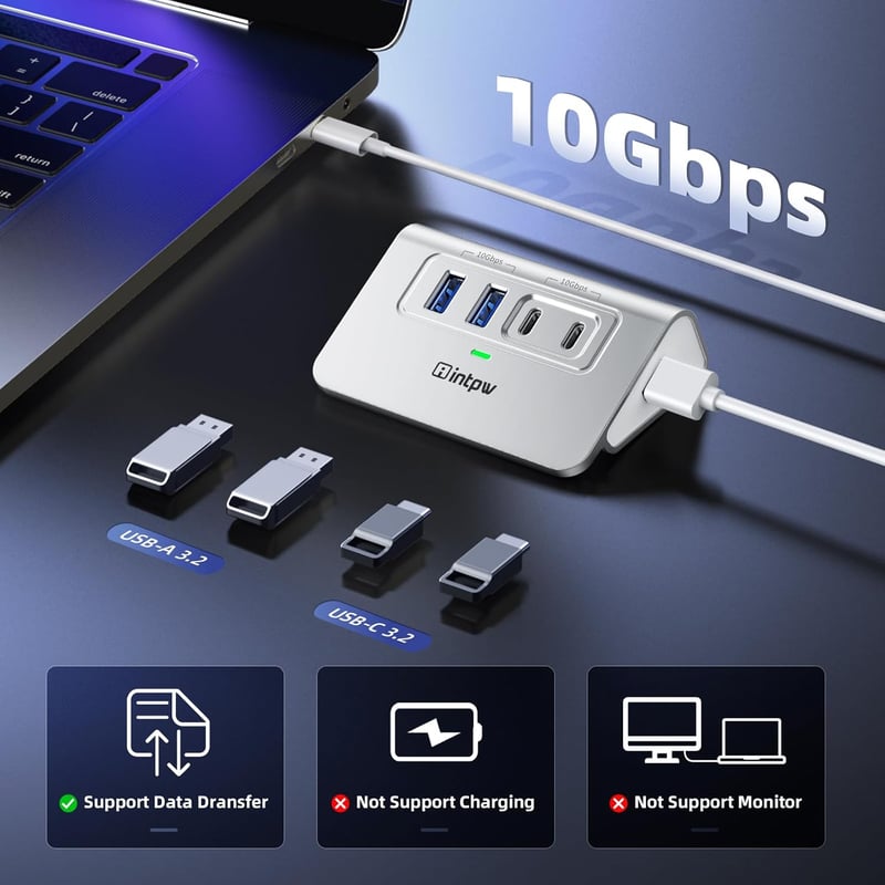 intpw USB C Hub 10 Gbps, 4 Portos USB Elosztó 2 Type-C/Type-A 3.2 Adatporttal, Alumínium USB 3.2 Hub 1m Kábellel Laptophoz PC Mac