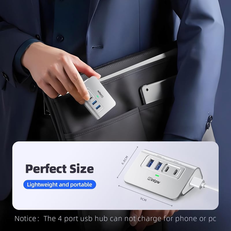 intpw USB C Hub 10 Gbps, 4 Portos USB Elosztó 2 Type-C/Type-A 3.2 Adatporttal, Alumínium USB 3.2 Hub 1m Kábellel Laptophoz PC Mac