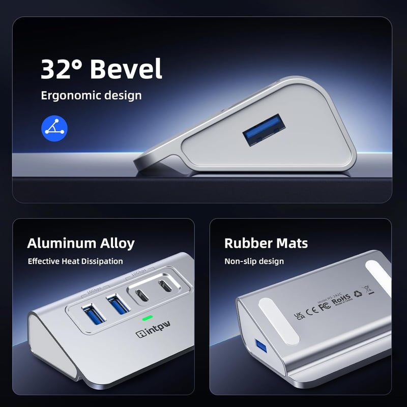 intpw USB C Hub 10 Gbps, 4 Portos USB Elosztó 2 Type-C/Type-A 3.2 Adatporttal, Alumínium USB 3.2 Hub 1m Kábellel Laptophoz PC Mac