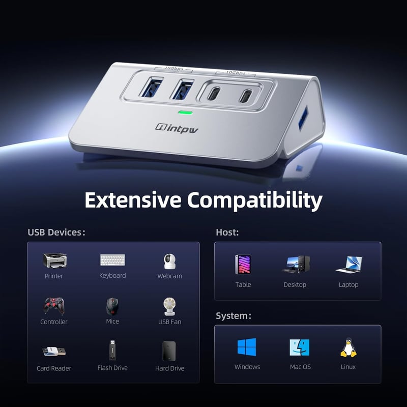 intpw USB C Hub 10 Gbps, 4 Portos USB Elosztó 2 Type-C/Type-A 3.2 Adatporttal, Alumínium USB 3.2 Hub 1m Kábellel Laptophoz PC Mac