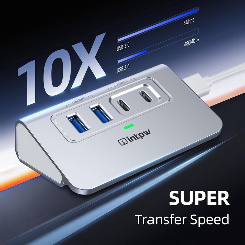 intpw USB C Hub 10 Gbps, 4 Portos USB Elosztó 2 Type-C/Type-A 3.2 Adatporttal, Alumínium USB 3.2 Hub 1m Kábellel Laptophoz PC Mac