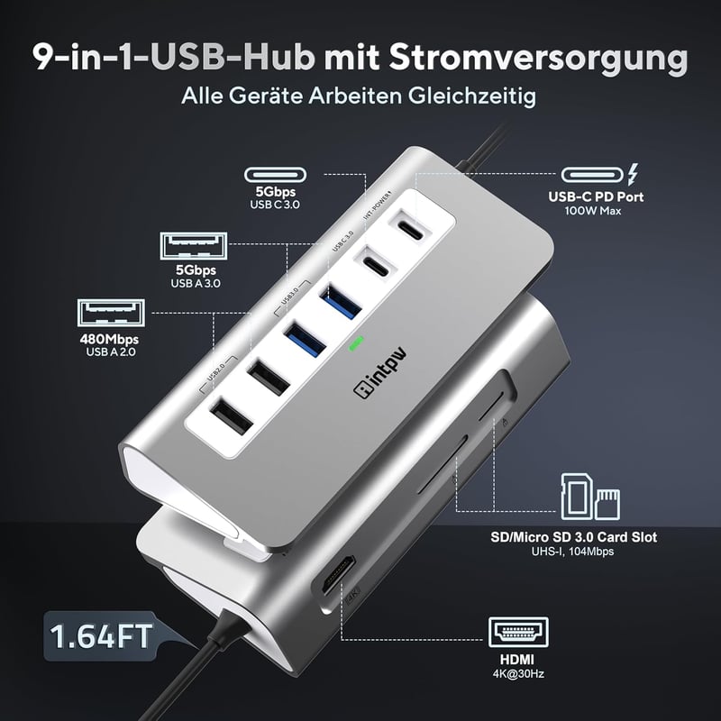 intpw USB-C Hub 9-in-1 Dokkoló Állomás 4K HDMI PD 100W Töltéssel MacBook iPad Laptop Alumínium Elosztó SD Kártya Olvasó