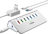 intpw USB Hub 7 Portos 10 Gbps Sebességgel, 4 USB 3.2 Adat Port + 3 Gyorstöltő Port, 30W Adapter, Alumínium Ház, Type A és C Kábel 1
