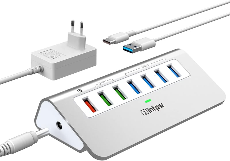 intpw USB Hub 7 Portos 10 Gbps Sebességgel, 4 USB 3.2 Adat Port + 3 Gyorstöltő Port, 30W Adapter, Alumínium Ház, Type A és C Kábel