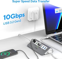 intpw USB Hub 7 Portos 10 Gbps Sebességgel, 4 USB 3.2 Adat Port + 3 Gyorstöltő Port, 30W Adapter, Alumínium Ház, Type A és C Kábel 2