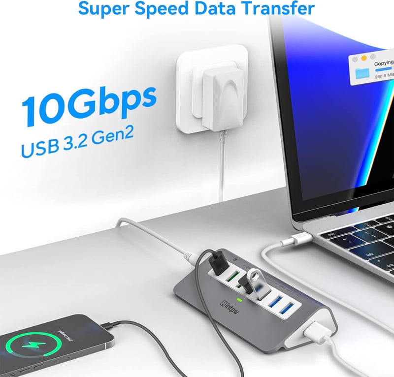 intpw USB Hub 7 Portos 10 Gbps Sebességgel, 4 USB 3.2 Adat Port + 3 Gyorstöltő Port, 30W Adapter, Alumínium Ház, Type A és C Kábel