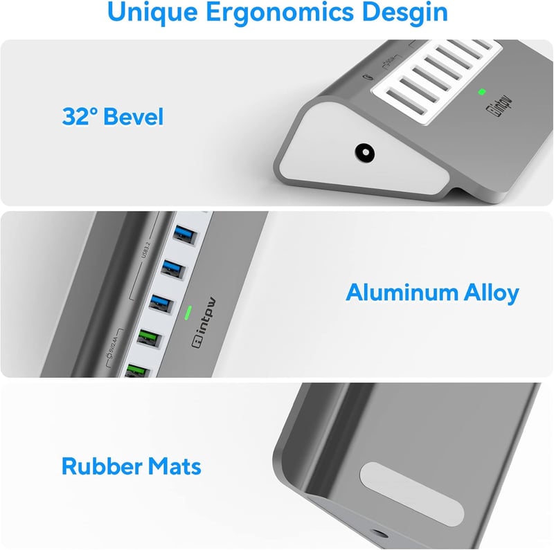 intpw USB Hub 7 Portos 10 Gbps Sebességgel, 4 USB 3.2 Adat Port + 3 Gyorstöltő Port, 30W Adapter, Alumínium Ház, Type A és C Kábel