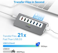 intpw USB Hub 7 Portos 10 Gbps Sebességgel, 4 USB 3.2 Adat Port + 3 Gyorstöltő Port, 30W Adapter, Alumínium Ház, Type A és C Kábel 6