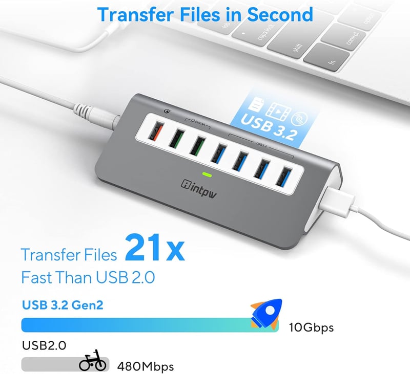 intpw USB Hub 7 Portos 10 Gbps Sebességgel, 4 USB 3.2 Adat Port + 3 Gyorstöltő Port, 30W Adapter, Alumínium Ház, Type A és C Kábel
