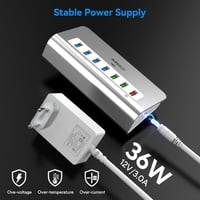 intpw USB Hub 7 Portos 10 Gbps Sebességgel, 4 USB 3.2 Adat Port + 3 Gyorstöltő Port, 30W Adapter, Alumínium Ház, Type A és C Kábel 3