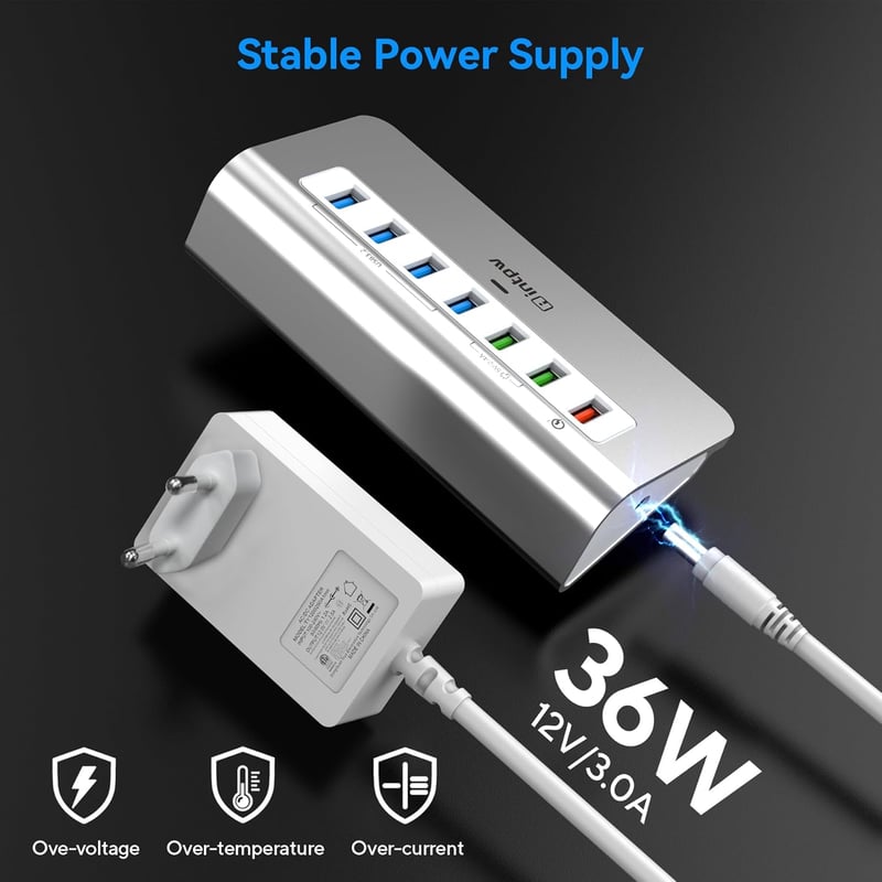 intpw USB Hub 7 Portos 10 Gbps Sebességgel, 4 USB 3.2 Adat Port + 3 Gyorstöltő Port, 30W Adapter, Alumínium Ház, Type A és C Kábel