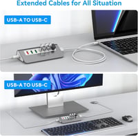 intpw USB Hub 7 Portos 10 Gbps Sebességgel, 4 USB 3.2 Adat Port + 3 Gyorstöltő Port, 30W Adapter, Alumínium Ház, Type A és C Kábel 5