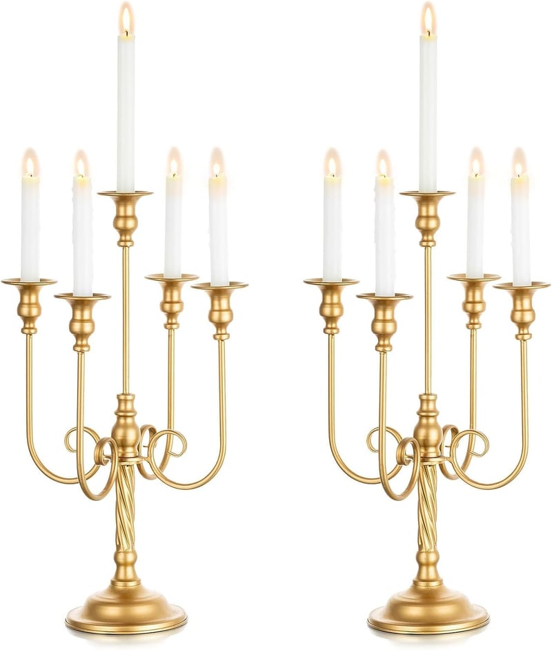 Sfeșnic Inweder auriu din metal cu 5 brațe, 50 cm, set de 2 bucăți pentru decor vintage de nuntă și Crăciun