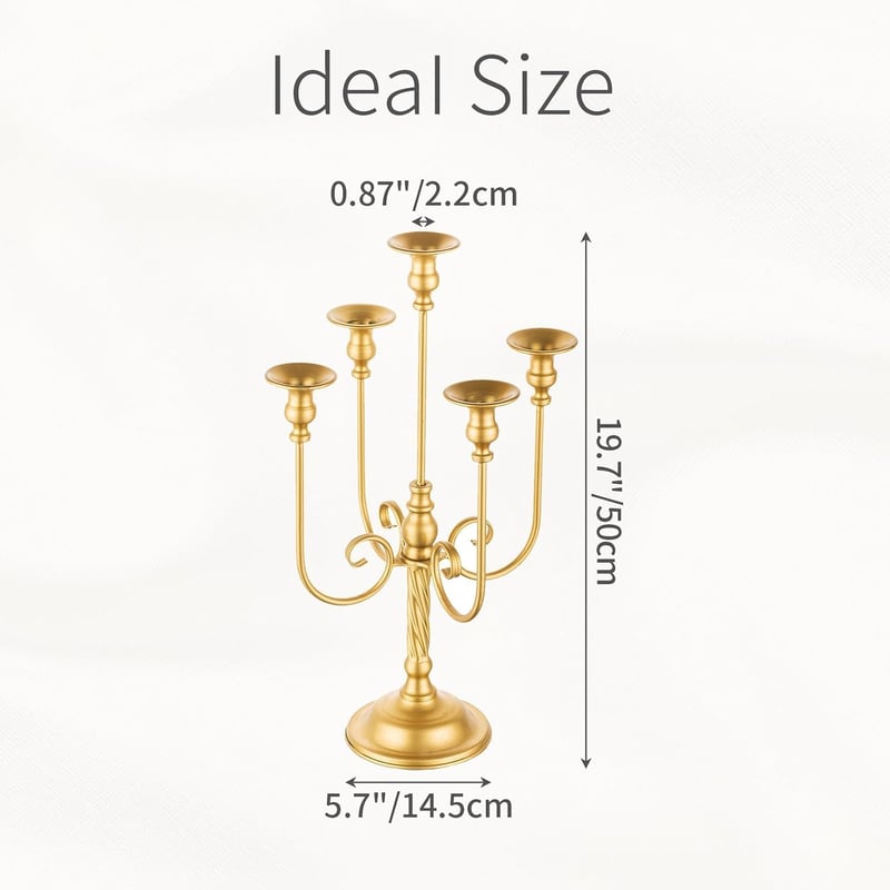 Sfeșnic Inweder auriu din metal cu 5 brațe, 50 cm, set de 2 bucăți pentru decor vintage de nuntă și Crăciun