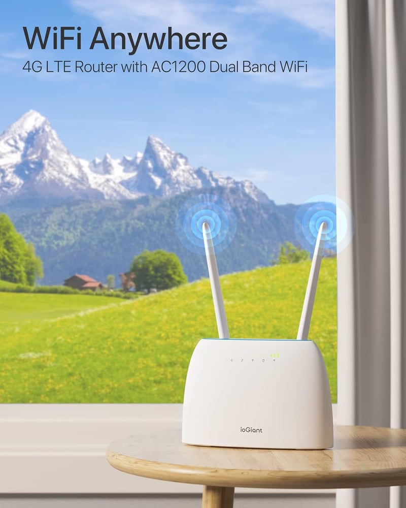 ioGiant AC1200 4G LTE Router SIM kártyához - Dual Band WiFi (867Mbps/5GHz, 300Mbps/2.4GHz), 150Mbps letöltési sebesség, 64 eszköz csatlakozt