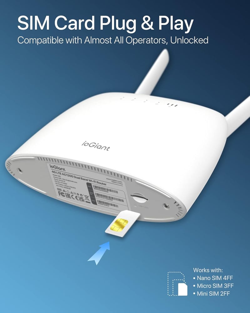 ioGiant AC1200 4G LTE Router SIM kártyához - Dual Band WiFi (867Mbps/5GHz, 300Mbps/2.4GHz), 150Mbps letöltési sebesség, 64 eszköz csatlakozt