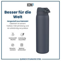 Sticlă pentru apă ion8 de 1 litru, ușoară, din oțel inoxidabil, neizolată, etanșă, cu deschidere cu o singură mână, capac rabatabil, lavabilă în mașina de spălat vase, gri-cenușiu și albastru marin 6
