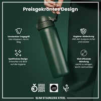 ION8 600ml Könnyű Acél Ivópalack Szivárgásmentes Flip Fedéllel és Hordozófogantyúval - Evo, Dark Green, Steel 6