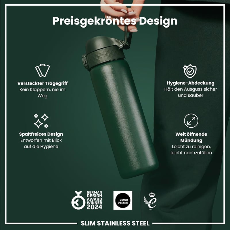 ION8 600ml Könnyű Acél Ivópalack Szivárgásmentes Flip Fedéllel és Hordozófogantyúval - Evo, Dark Green, Steel