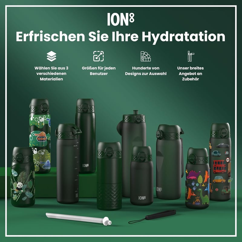 ION8 600ml Könnyű Acél Ivópalack Szivárgásmentes Flip Fedéllel és Hordozófogantyúval - Evo, Dark Green, Steel