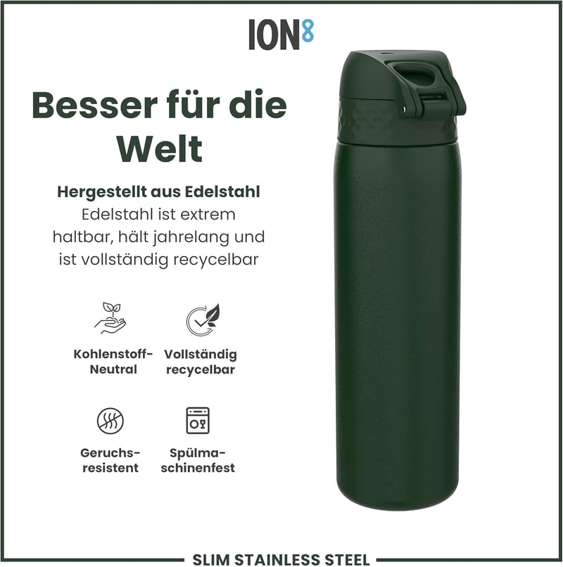 ION8 600ml Könnyű Acél Ivópalack Szivárgásmentes Flip Fedéllel és Hordozófogantyúval - Evo, Dark Green, Steel