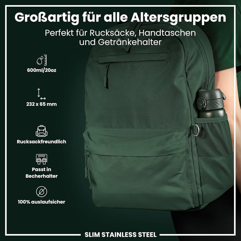 ION8 600ml Könnyű Acél Ivópalack Szivárgásmentes Flip Fedéllel és Hordozófogantyúval - Evo, Dark Green, Steel