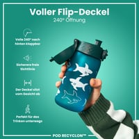 Sticlă pentru copii ion8, 350 ml, Model cu rechini, Etanșă, Deschidere cu o singură mână, Lavabilă în mașina de spălat vase, Fără BPA, Mâner de transport, Capac cu deschidere rabatabilă 4