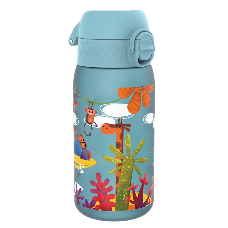 Sticlă pentru copii ion8, 350 ml, Etanșă, Deschidere cu o singură mână, Închidere sigură, Lavabilă în mașina de spălat vase, Fără BPA, Mâner pentru transport, Capac cu deschidere rabatabilă, Safari