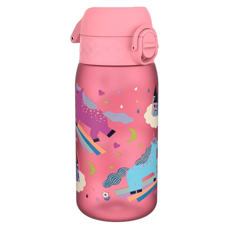 Detská fľaša na vodu ion8 350 ml, nepriepustná, otváranie jednou rukou, vhodná do umývačky riadu, bez obsahu BPA, s držadlom na prenášanie, výklopný uzáver, dizajn s jednorožcom
