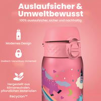 Detská fľaša na vodu ion8 350 ml, nepriepustná, otváranie jednou rukou, vhodná do umývačky riadu, bez obsahu BPA, s držadlom na prenášanie, výklopný uzáver, dizajn s jednorožcom 2