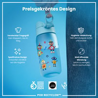 Detská fľaša na vodu ion8 350 ml, nepriepustná, otváranie jednou rukou, vhodná do umývačky riadu, bez BPA, s úchytom na prenášanie, výklopné viečko, motív robota 6