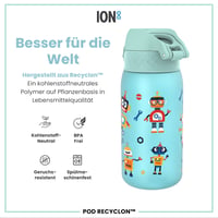 Detská fľaša na vodu ion8 350 ml, nepriepustná, otváranie jednou rukou, vhodná do umývačky riadu, bez BPA, s úchytom na prenášanie, výklopné viečko, motív robota 5