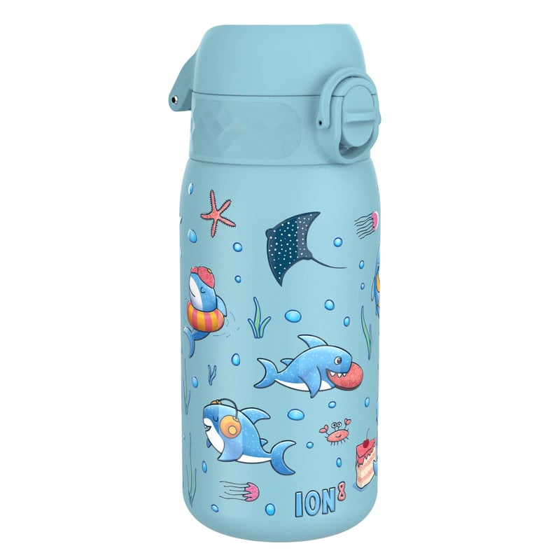 Detská nerezová fľaša ion8, 400 ml, so vzorom žraloka, nepriepustná, otváranie jednou rukou, výklopný uzáver, vhodná do umývačky riadu, ľahká