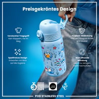 Detská nerezová fľaša ion8, 400 ml, so vzorom žraloka, nepriepustná, otváranie jednou rukou, výklopný uzáver, vhodná do umývačky riadu, ľahká 6