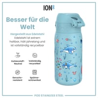 Detská nerezová fľaša ion8, 400 ml, so vzorom žraloka, nepriepustná, otváranie jednou rukou, výklopný uzáver, vhodná do umývačky riadu, ľahká 5