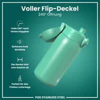Detská nerezová fľaša ion8 400 ml benzínová, neizolovaná, nepriepustná, otváranie jednou rukou, vhodná do umývačky riadu, uzáver s poistkou, rukoväť 4