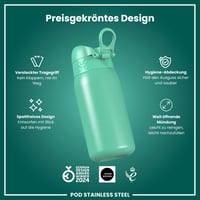Detská nerezová fľaša ion8 400 ml benzínová, neizolovaná, nepriepustná, otváranie jednou rukou, vhodná do umývačky riadu, uzáver s poistkou, rukoväť 6