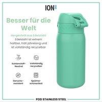 Detská nerezová fľaša ion8 400 ml benzínová, neizolovaná, nepriepustná, otváranie jednou rukou, vhodná do umývačky riadu, uzáver s poistkou, rukoväť 5