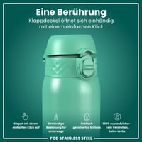 Detská nerezová fľaša ion8 400 ml benzínová, neizolovaná, nepriepustná, otváranie jednou rukou, vhodná do umývačky riadu, uzáver s poistkou, rukoväť 3