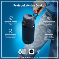 Detská fľaša ion8 z nehrdzavejúcej ocele 400 ml, nepriepustná, otváranie jednou rukou, vhodná do umývačky riadu, ľahká, vyklápací uzáver, pútko na prenášanie 7