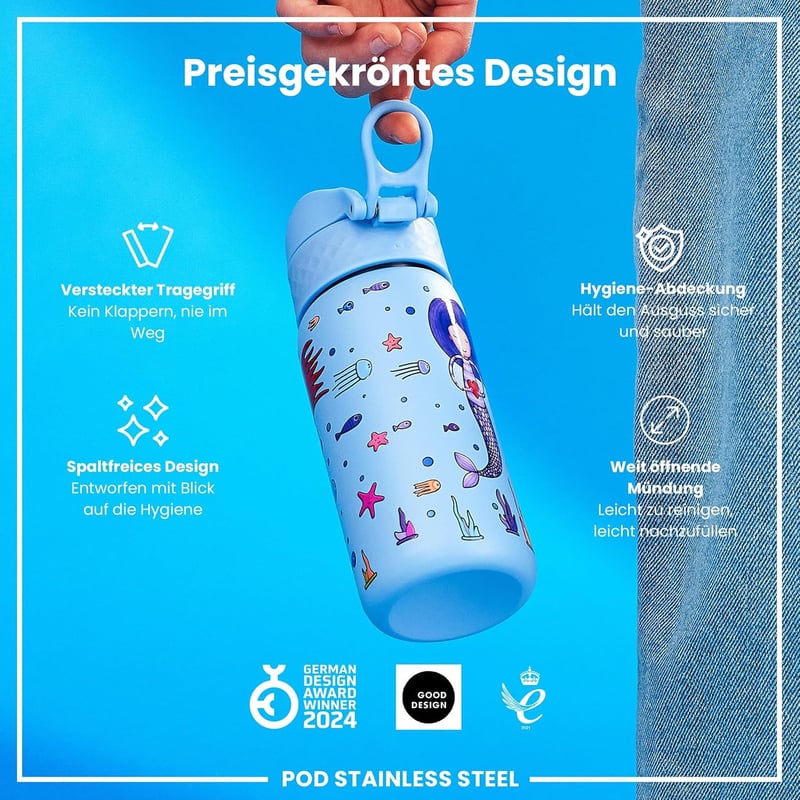 ion8 Gyerek Kulacs Rozsdamentes Acél 400ml Szivárgatásmentes Egy Kézzel Nyitható - 400 fluid ounces, Mermaids
