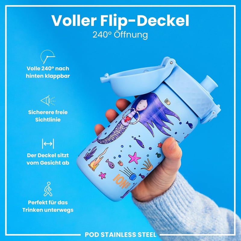 ion8 Gyerek Kulacs Rozsdamentes Acél 400ml Szivárgatásmentes Egy Kézzel Nyitható - 400 fluid ounces, Mermaids