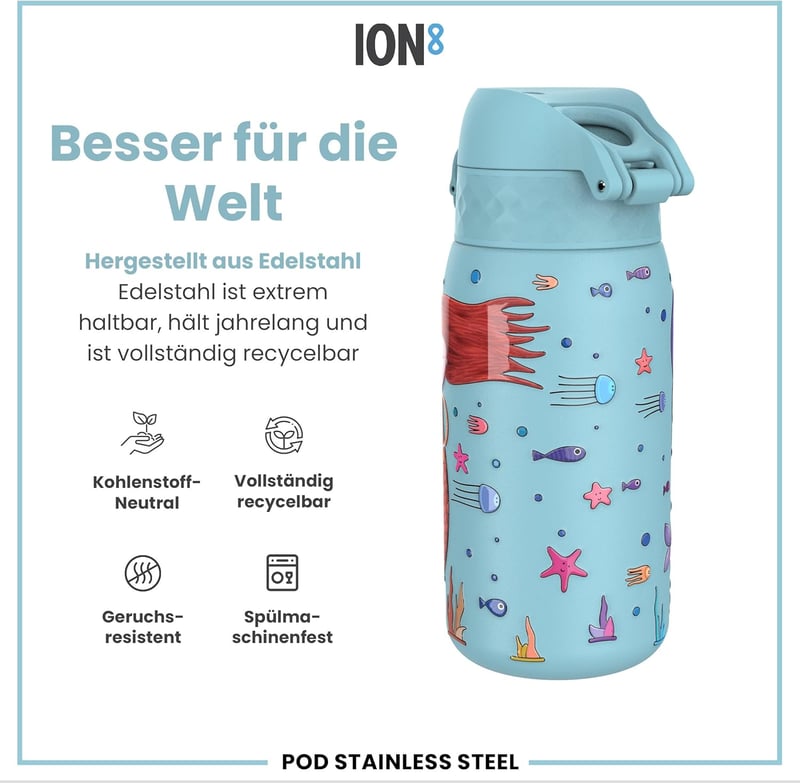 ion8 Gyerek Kulacs Rozsdamentes Acél 400ml Szivárgatásmentes Egy Kézzel Nyitható - 400 fluid ounces, Mermaids