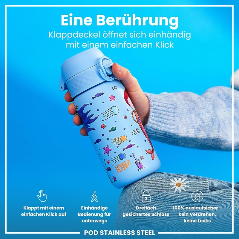 ion8 Gyerek Kulacs Rozsdamentes Acél 400ml Szivárgatásmentes Egy Kézzel Nyitható - 400 fluid ounces, Mermaids