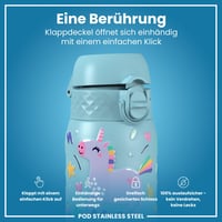 Detská nerezová fľaša ion8, 400 ml, otváranie jednou rukou, nepriepustná, vhodná do umývačky riadu, vyklápacie viečko, Aljašská modrá s jednorožcom 3
