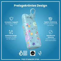 Detská nerezová fľaša ion8, 400 ml, otváranie jednou rukou, nepriepustná, vhodná do umývačky riadu, vyklápacie viečko, Aljašská modrá s jednorožcom 6