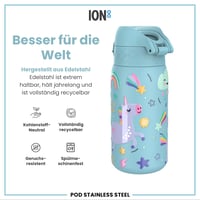 Detská nerezová fľaša ion8, 400 ml, otváranie jednou rukou, nepriepustná, vhodná do umývačky riadu, vyklápacie viečko, Aljašská modrá s jednorožcom 5