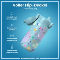 Detská nerezová fľaša ion8, 400 ml, otváranie jednou rukou, nepriepustná, vhodná do umývačky riadu, vyklápacie viečko, Aljašská modrá s jednorožcom 4