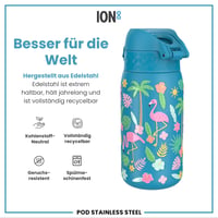 Detská nerezová fľaša na vodu ion8, 400 ml, plameniaky, nepriepustná, s výklopným viečkom, otváranie jednou rukou, vhodná do umývačky riadu, ľahká 5