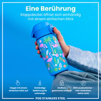 Detská nerezová fľaša na vodu ion8, 400 ml, plameniaky, nepriepustná, s výklopným viečkom, otváranie jednou rukou, vhodná do umývačky riadu, ľahká 3